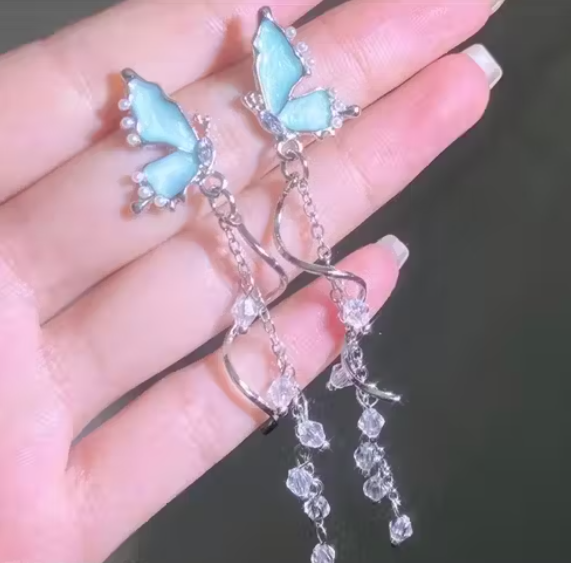 korean silver butterfly long dangle earrings for women and girls