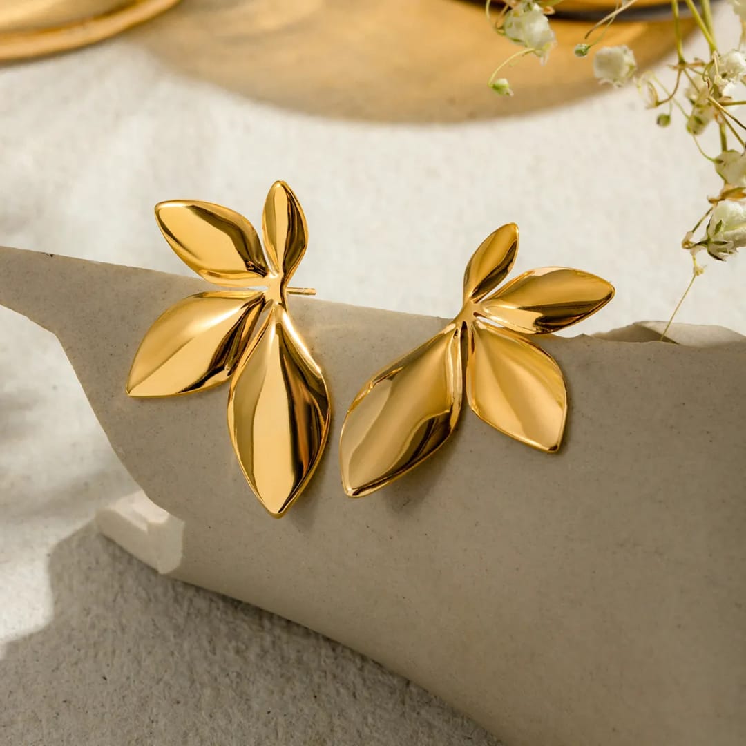 stainless steel gold plated floral shaped drop earrings
