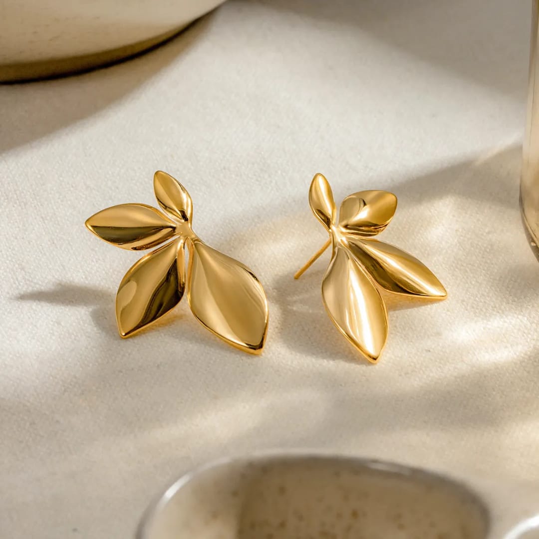 stainless steel gold plated floral shaped drop earrings