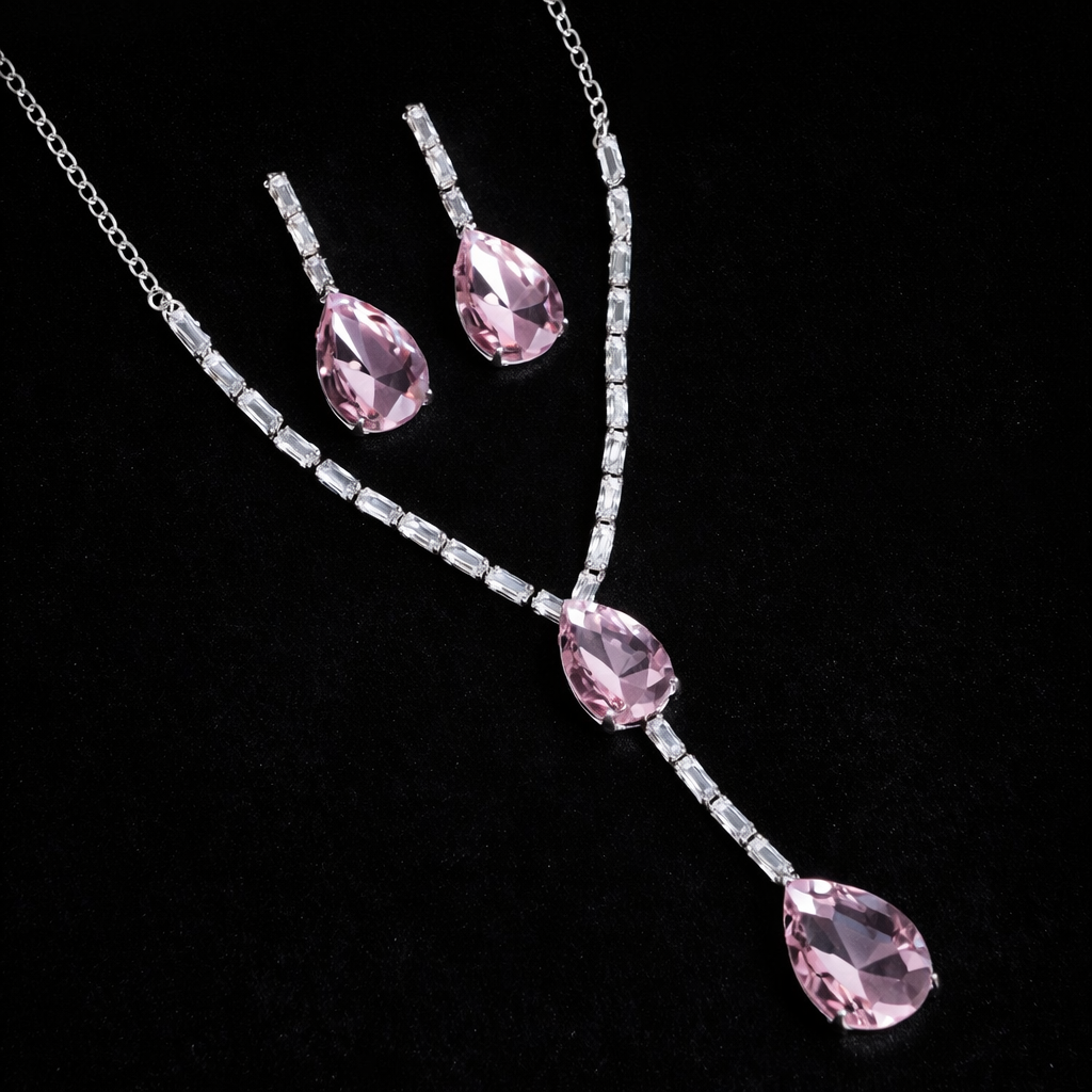 Pink crystal jewellery set for women with necklace and earrings