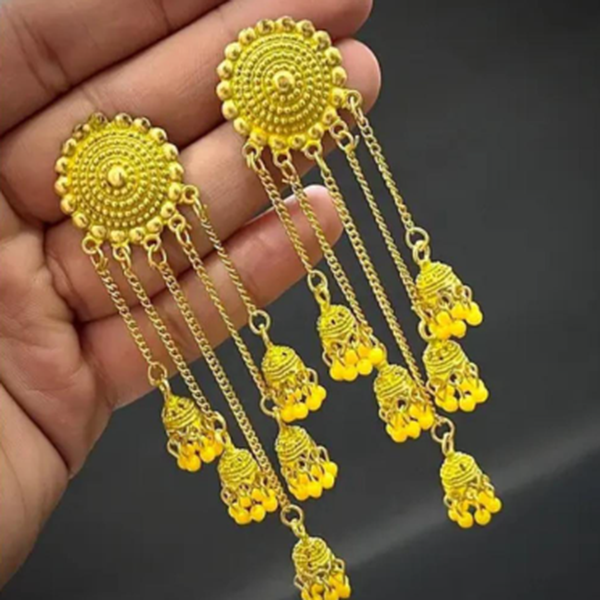traditional long tassel jhumka earrings gold design