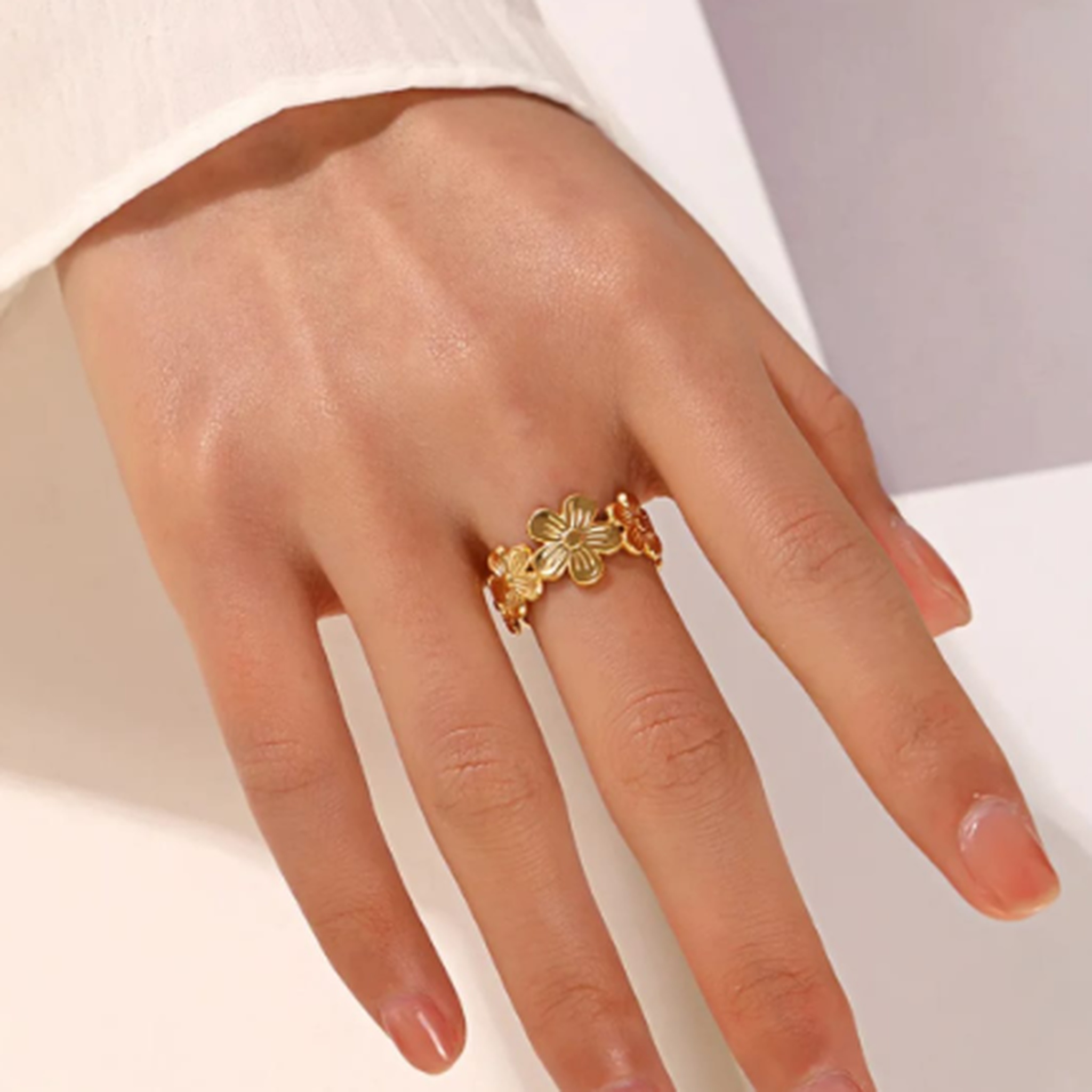Flower design gold adjustable ring for women elegant floral jewellery