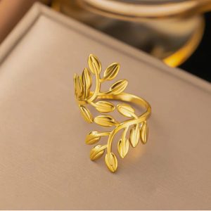 Leaf design gold adjustable ring for women elegant nature inspired jewellery