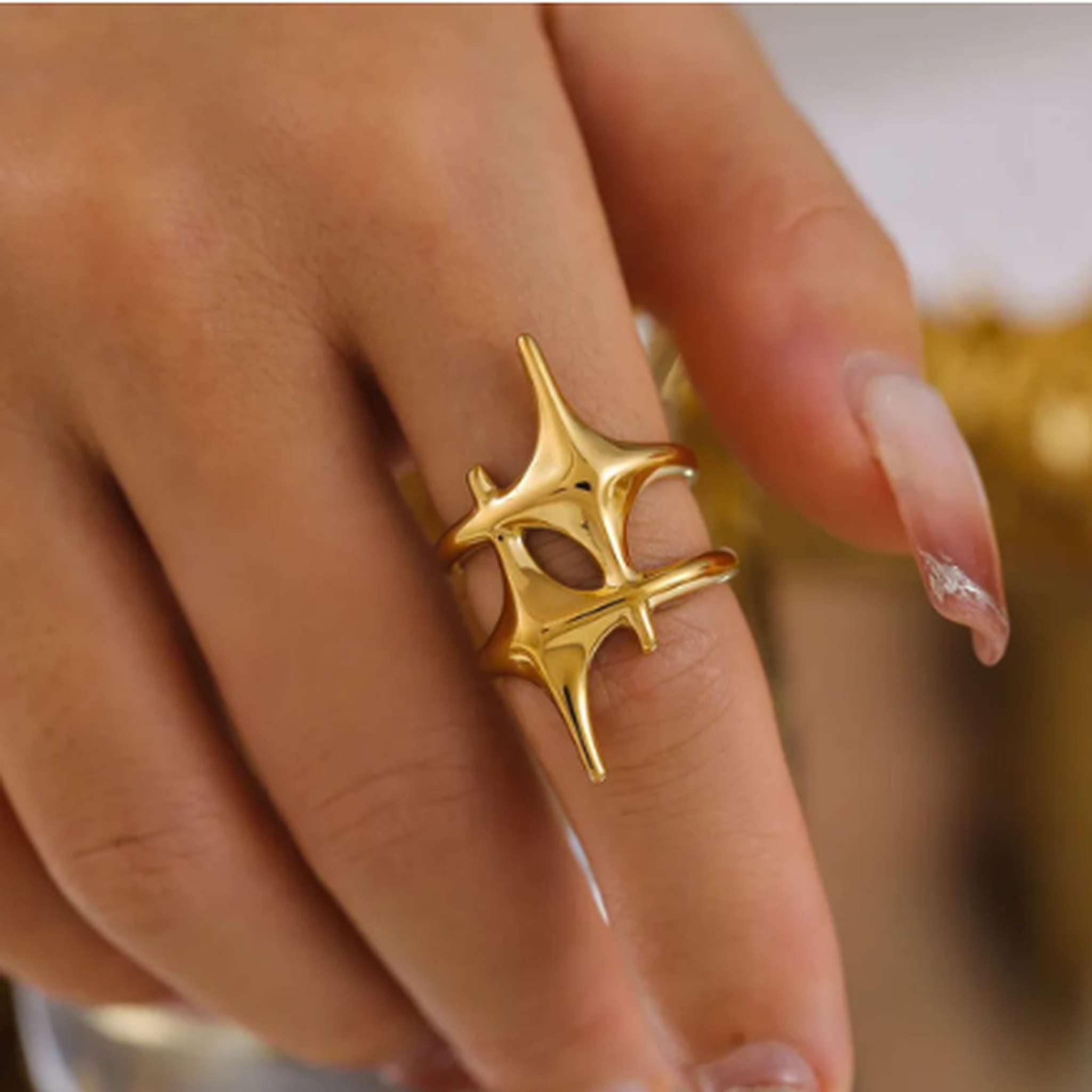 Star design gold adjustable ring for women trendy geometric jewellery