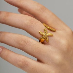 Starfish shell design gold adjustable ring for women ocean inspired jewellery