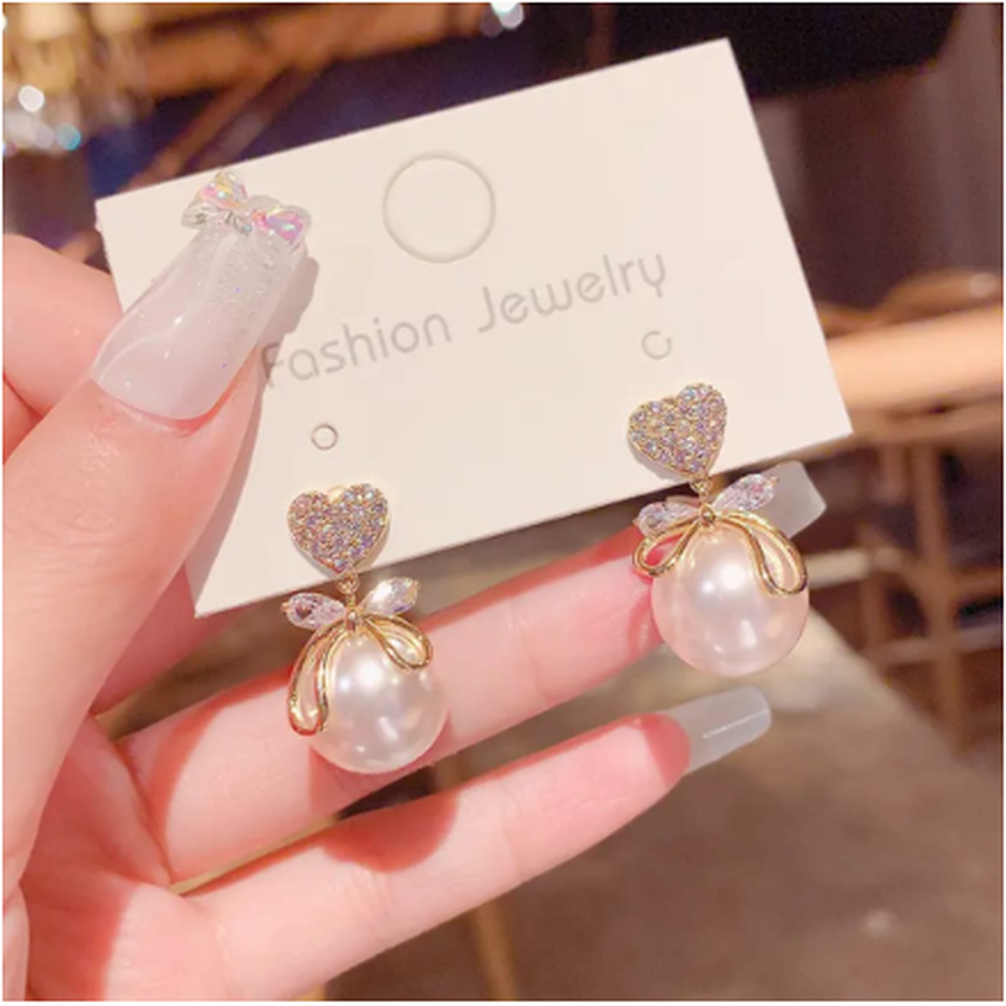 Korean pearl drop earrings with heart design for women