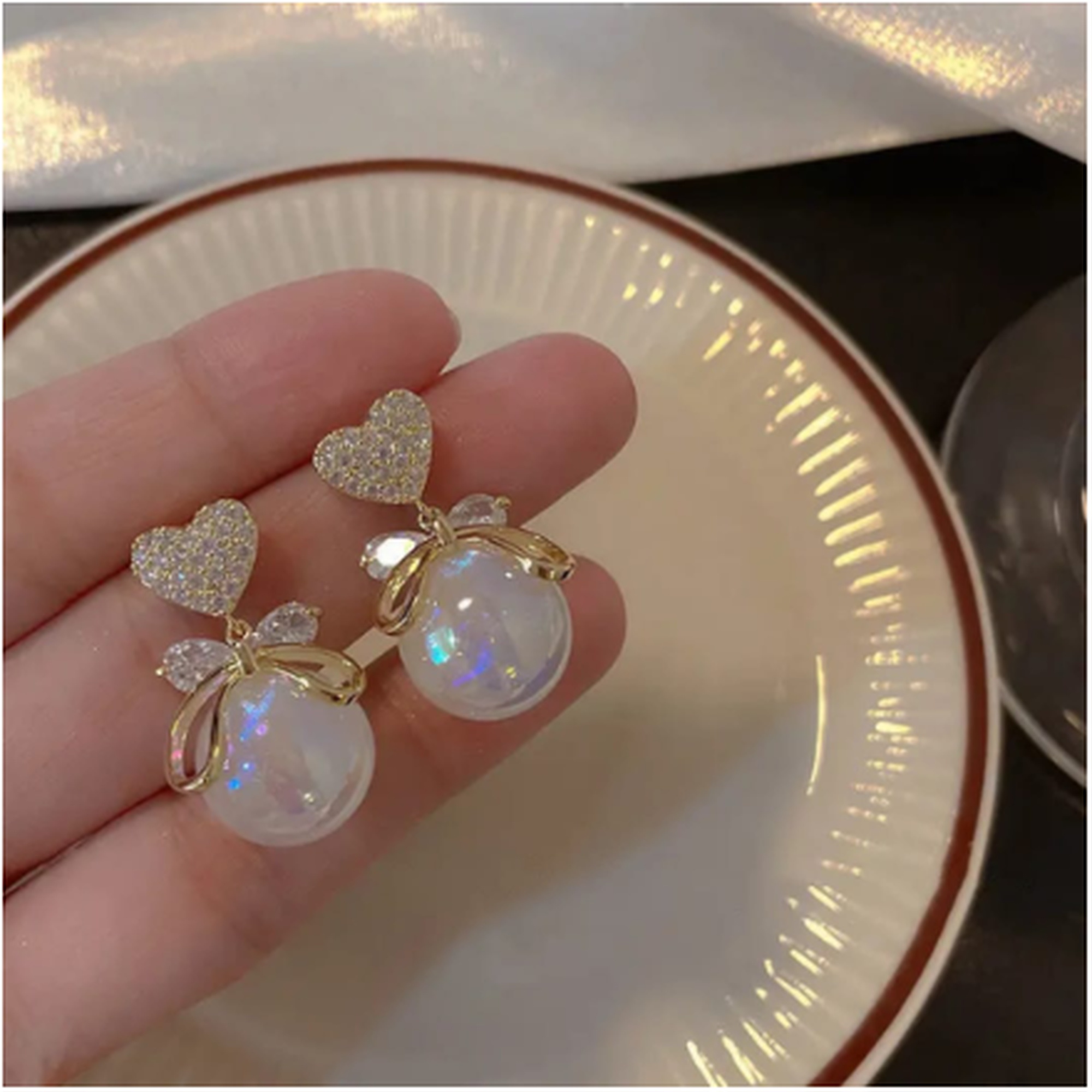 Korean Pearl Drop Earrings for Women – Heart Design Gold Finish Fashion Jewellery - Image 2