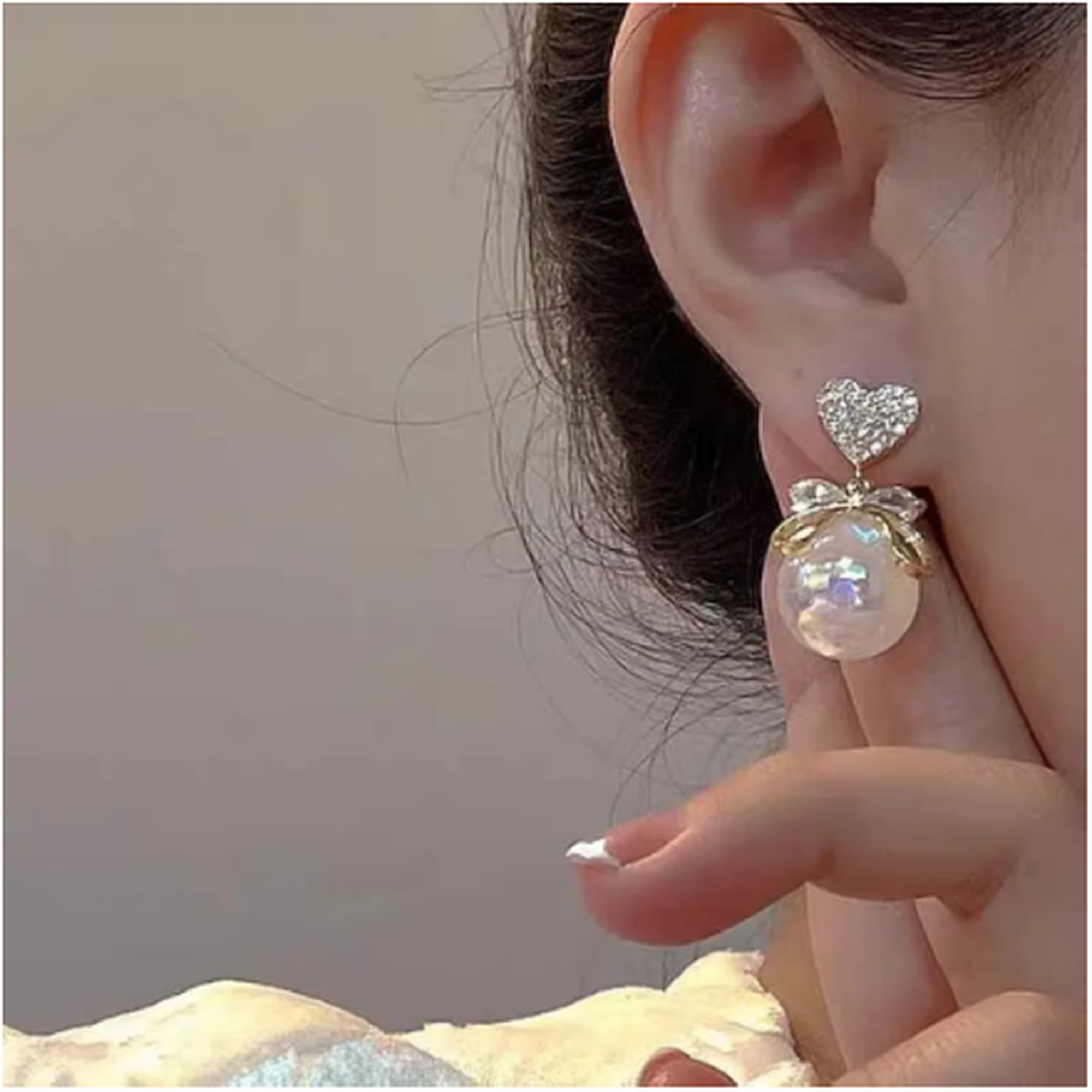 Korean pearl drop earrings with heart design for women