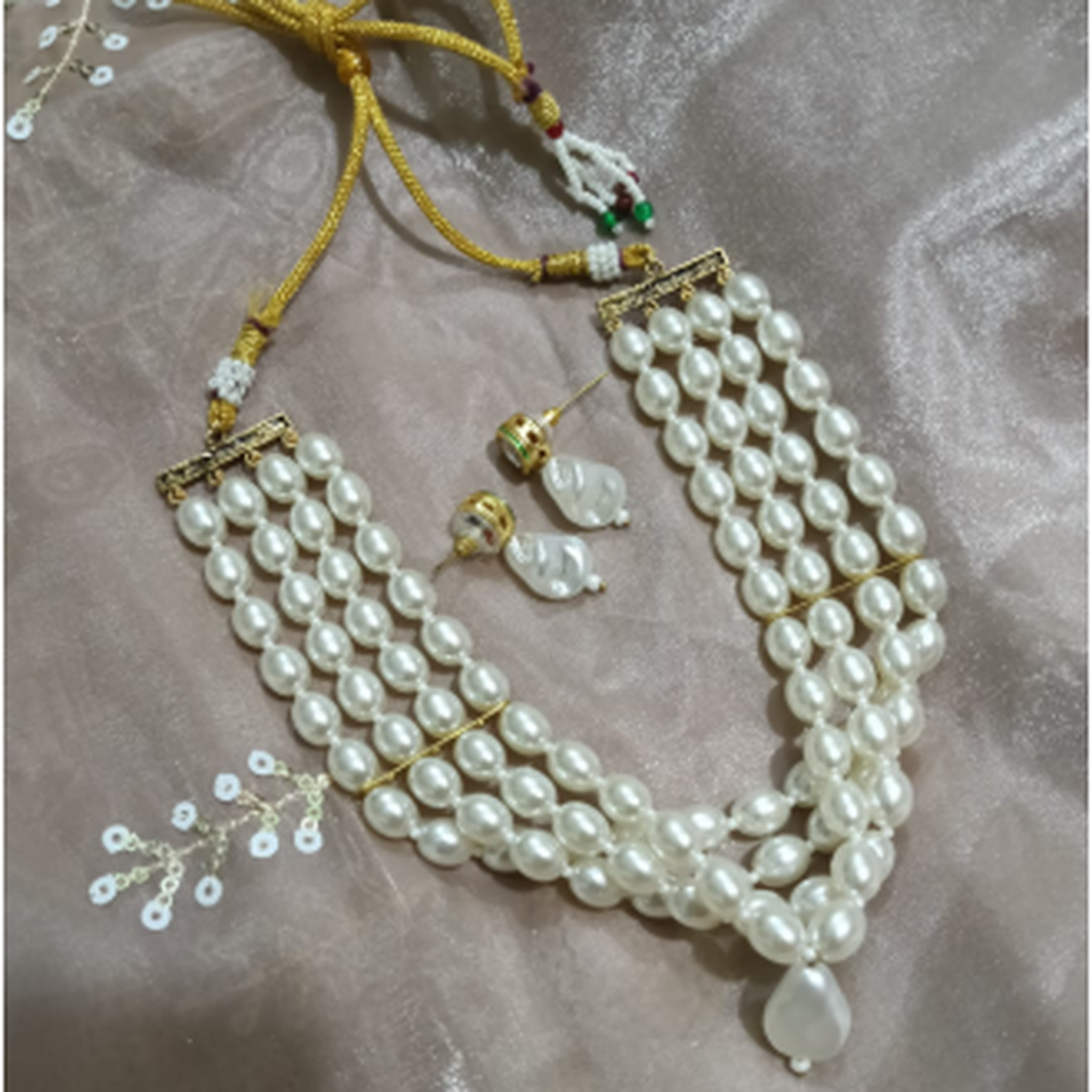 Pearl layered necklace set for women with matching earrings
