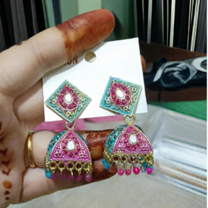 Pink blue meenakari jhumka earrings for women with pearl drops