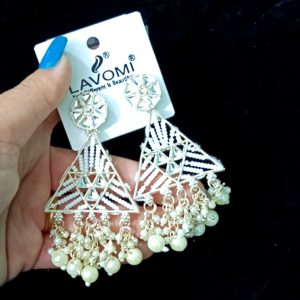 Triangle pearl chandelier earrings for women with silver finish