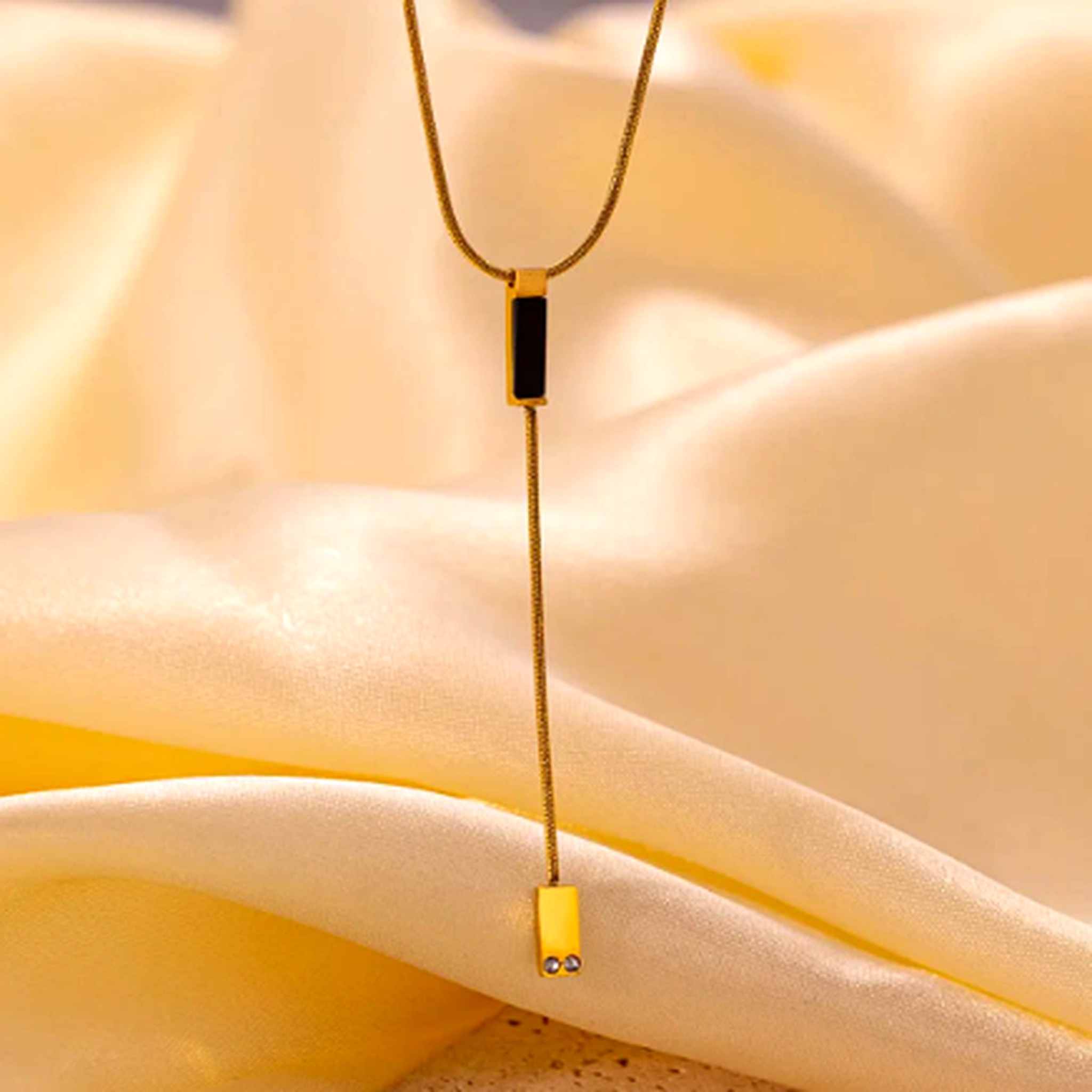 Black bar Y necklace for women with gold drop chain