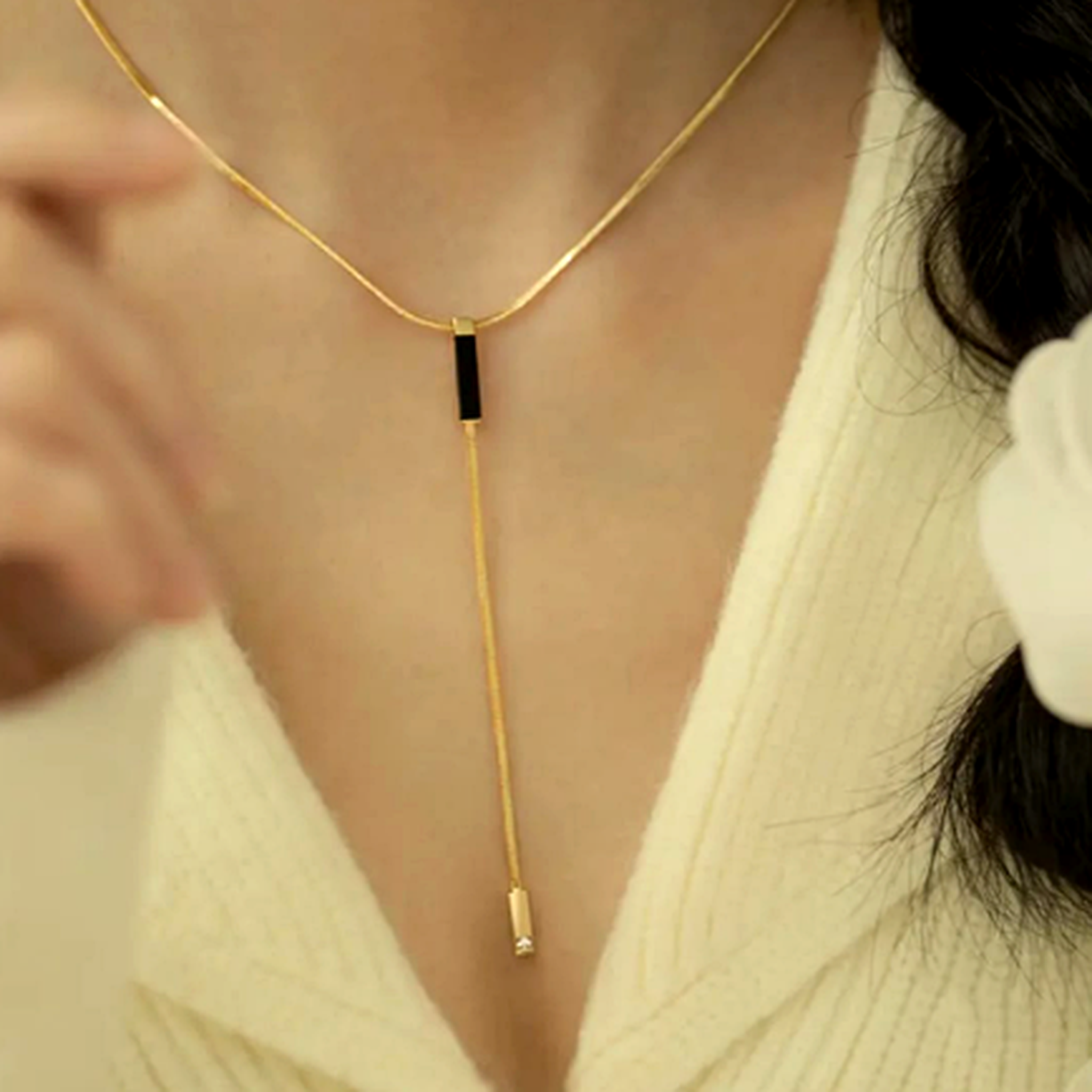 Black bar Y necklace for women with gold drop chain