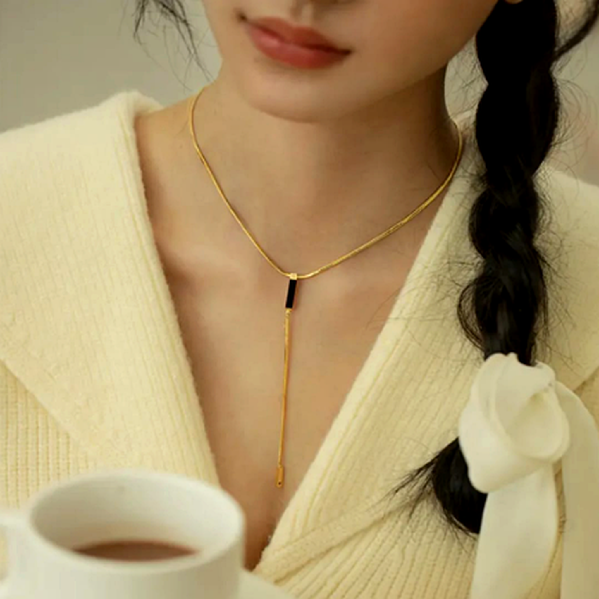 Black bar Y necklace for women with gold drop chain