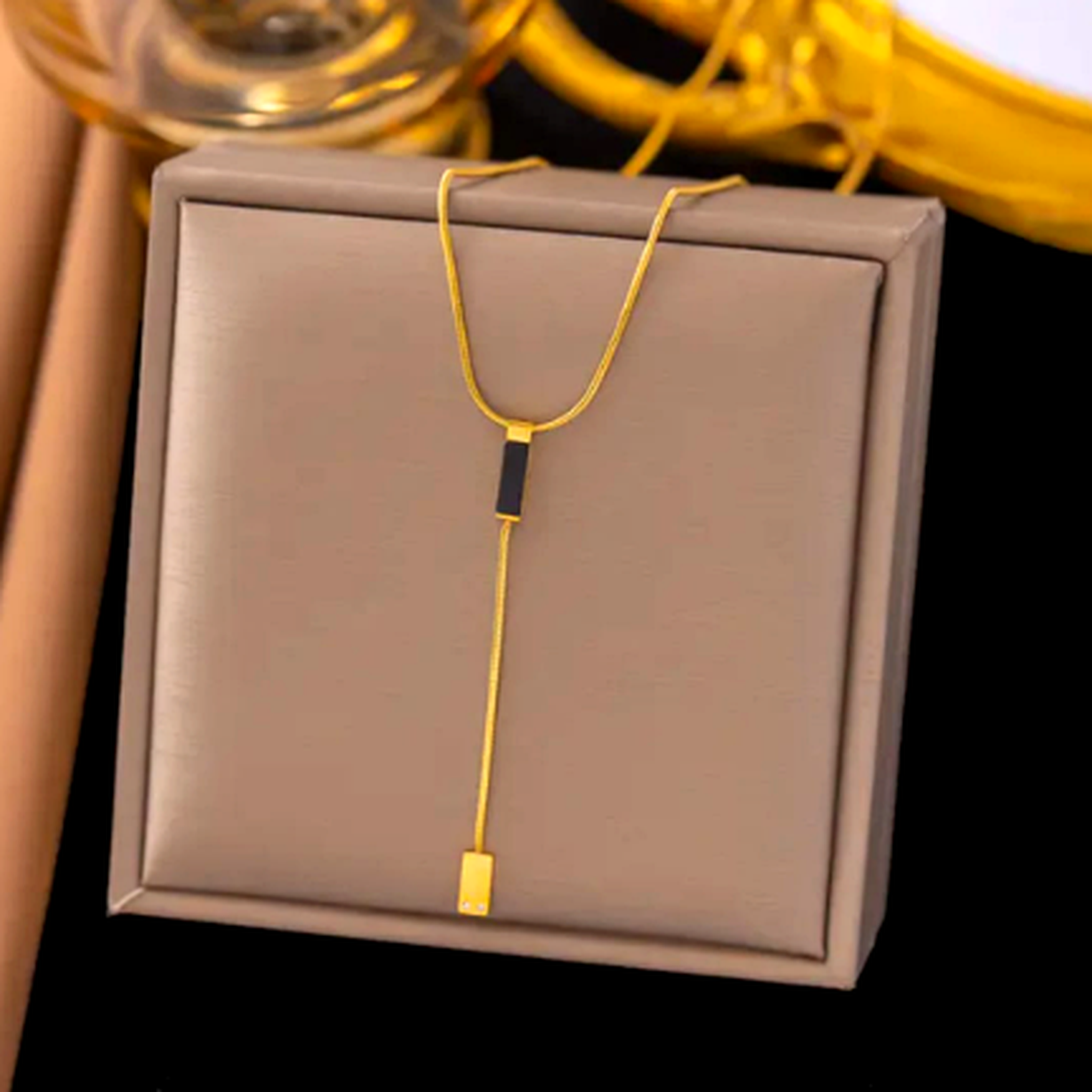 Black bar Y necklace for women with gold drop chain