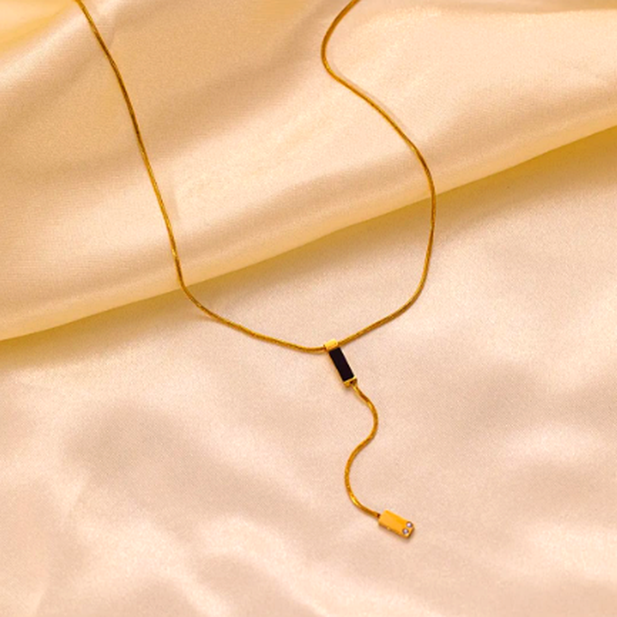 Black bar Y necklace for women with gold drop chain